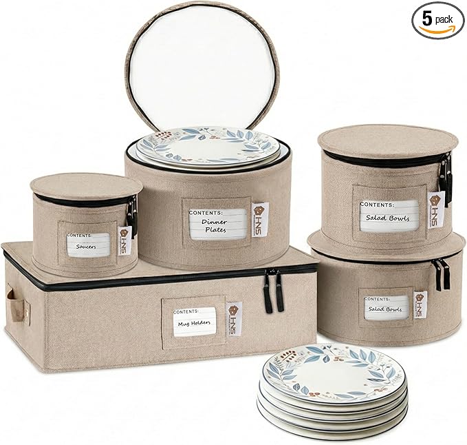 China Storage Hard Shell Containers 5-Piece Set Moving Boxes for Dinnerware, Glasses, Plates, Mugs and Saucers Sturdy Dish Organizer with Dividers for Seasonal Storage - Service for 12 - Brown