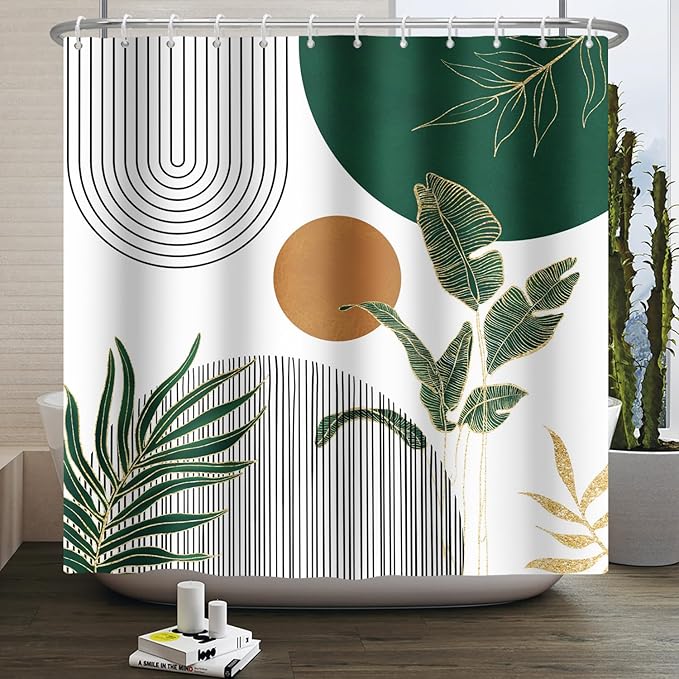 Mid Century Boho Modern Shower Curtain for Bathroom Abstract Sun Arch Geometric Leaves Minimalist Shower Curtain Set Waterproof Polyester Fabric 72x78 Inches