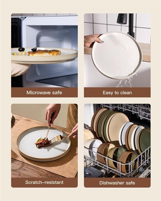 8-Piece Plates and Bowls Sets for 4, Cappuccino White | Handcrafted reactive glaze stoneware dinnerware. Chip & scratch resistant. Microwave & dishwasher safe. Everyday/formal use.