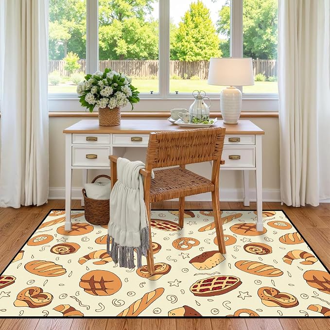 Cute Bread Area Rug 3D Cattoon Carpt Waffle Croissant and Muffin Rugs for Entryway Bedroom Living Room Kitchen Home Decor Washable Non Slip Floor Mat,3'x5'