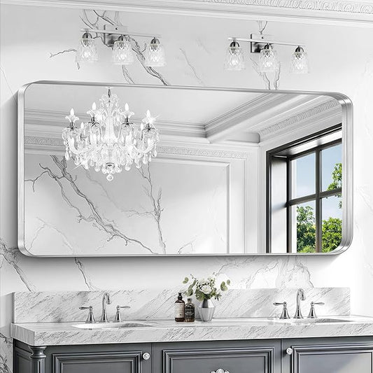 CIRCUMI Silver Bathroom Mirror, 30"x60" Rectangular Mirror with Deep Metal Frame, Rounded Corner, Tempered Glass, Large Mirror for Wall, Over 2 Sinks, Installed Vertically/Horizontally, Crystal-Clear