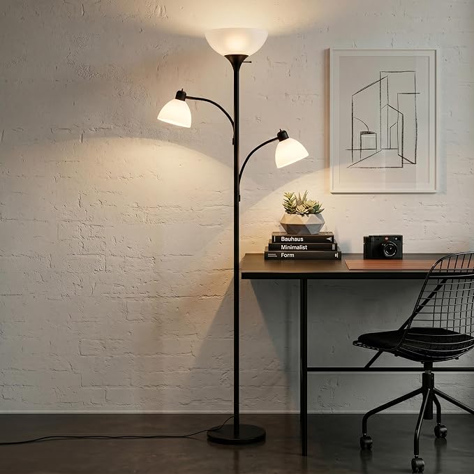 Brightech Sky Dome Double LED Floor Lamp, Torchiere Super Bright Floor Lamp with 2 Reading Lamps for Living Rooms & Offices - Dimmable Tall Standing Lamp for Bedroom Reading - Tall Black Pole