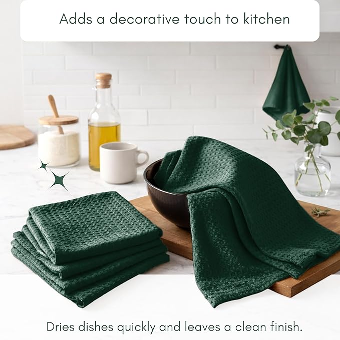 TWINY threads Kitchen Towels - Set of 6, 100% Cotton Waffle Weave Easter Dish Towels with Hanging Loop, Soft and Washable for Table Cleaning, Dinning, Parties - 16"X 26" - Olive Green