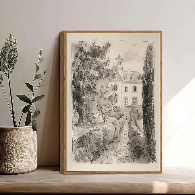 WALLZK Vintage Framed Wall Art French Country Sketch Canvas Prints Neutral Landscape Cottagecore Decor Pictures Artwork for Walls Living Room Bedroom Bathroom 12"x16"