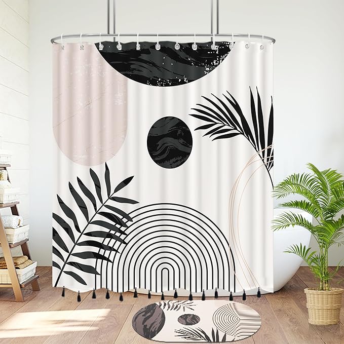 Boho Mid Century Leaf Shower Curtain Set,Arch Sun Design,Minimalistic Leaves Pattern,Waterproof and Luxurious Fabric-12 Hooks(Black and White-72" x 78")