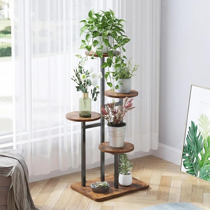 4 Tier Plant Stand Indoor with Grow Light for Multiple Plants | Corner Flower Stand, Vintage Multi-Layer Design, Sturdy Plant Shelf, Space-Saving, Ideal for Living Room Indoor Plant Display