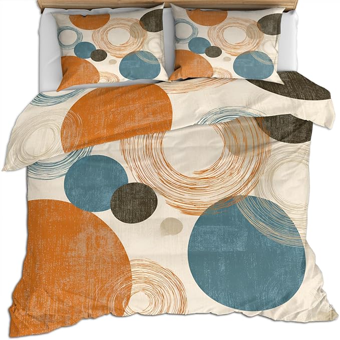 Retro Medieval Duvet Cover Queen Size, Abstract Geometric Bedding Set 3 Piece Bedroom Decor Rural Farmhouse Comforter Cover and 2 Pillow Sham with Zipper Closure