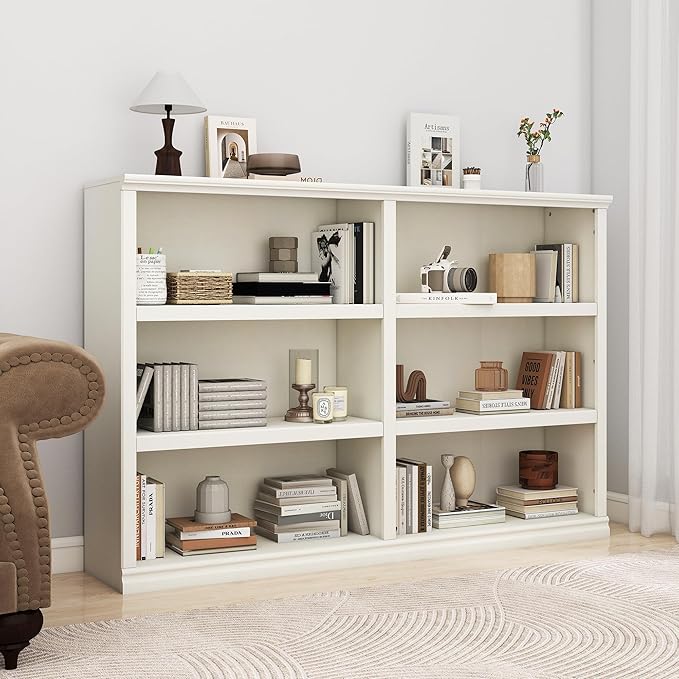 Bevfint Double Wide Open Shelf Bookcase - 3 Tiers 6 Storage Cube Adjustable Space Book Case, Display Cabinet Organizer with Bookshelf, 64.8 inch Width Indoor Furniture for Home Library Office, White
