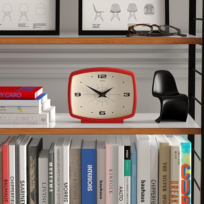 JONES CLOCKS® Film Desk Clock | Retro Rectangular Design | Red | Retro Design, Blending mid Century Style with a Punchy Modern Finish for Shelf, Table, Mantel or Bedside