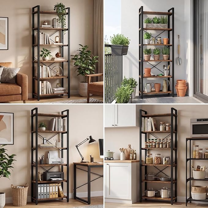 IRONCK Bookshelf 6-Tier Ladder Shelf 110lbs Display Shelf Vintage Industrial Style Bookcase for Home Office, Living Room