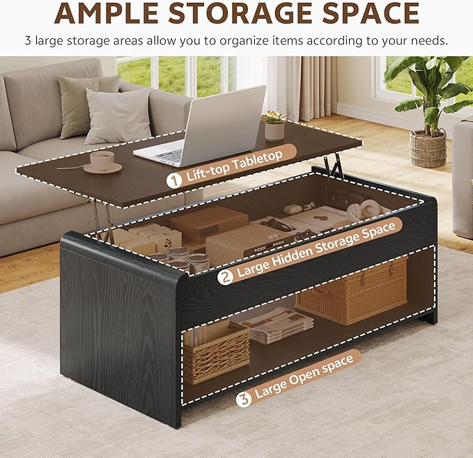 Lift Top Coffee Table, 35'' Multi-Function Coffee Table with Hidden Compartment & Open Shelf, Curved Profile Design, Converts to Home Office Table, Dining Table for Living Room, Black