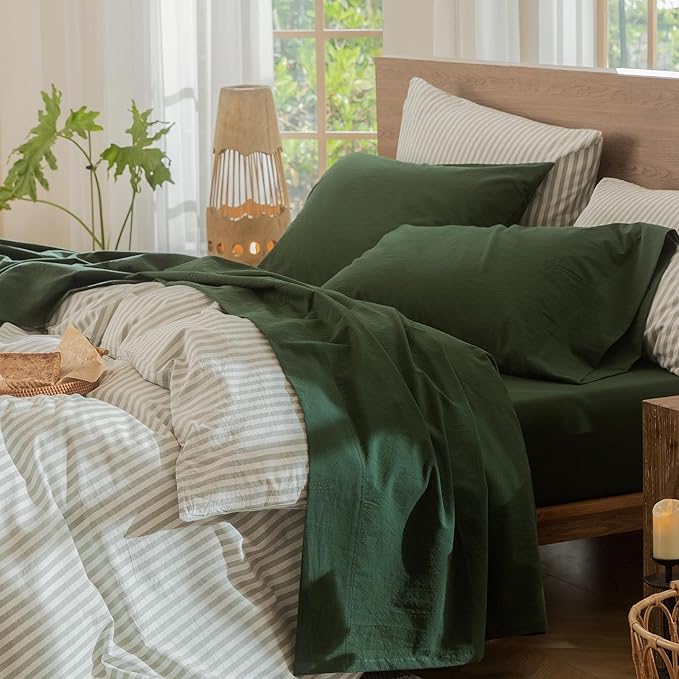 MooMee Bedding Sheet Set 100% Washed Cotton Linen Like Textured Breathable Durable Soft Comfy (Solid Forest Green, King)