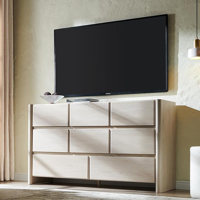 Modern 8 Drawers Dresser for Bedroom, 55" Wide Dresser w/Large Storage & Rounded Corner, Wood Handleless Chests of Drawers w/Natural Texture for Bedroom, Hallway, Living Room-Cream