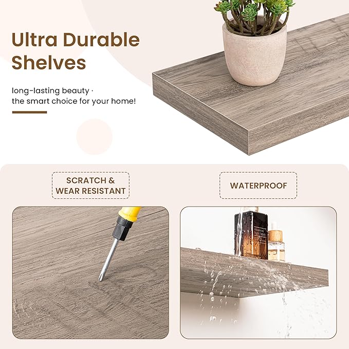 32in Floating Shelves for Wall, 32"W x 9.25"D x 1.25"H, 2 Pack Long Wall Mounted Engineered Wood Shelves with Invisible Brackets for Living Room, Bedroom, Bathroom, Kitchen Decor and Storage, Grey