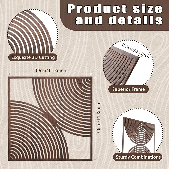 Yerliker 3 Pcs Mid Century Modern Wood Wall Art Decorations 3D Geometric Abstract Wall Sculpture for Living Room Bedroom Office Minimalist Aesthetic(Mid Century,11.8 x 11.8 x 0.2 Inch)