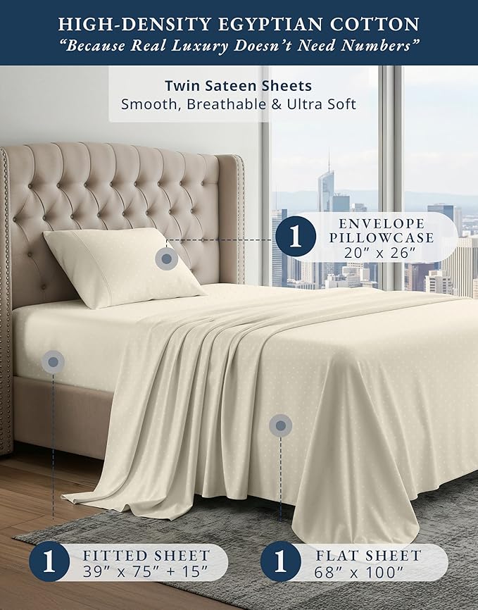 LANE LINEN 100% Egyptian Cotton Twin Size Sheets, No Pill Naturally Cooling Sheets Twin, Soft & Comfy Sateen Weave for Silky Smooth Finish, Available in Variety of Colors Jaquard Swiss Dot - Ivory