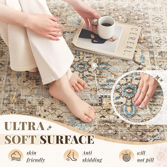 Area Rug 6x9 Vintage Rug: Washable Indoor Medallion Rugs Low Pile Distressed Floor Carpet Retro Accent Rug for Living Room Bedroom Kitchen Dining Table Home Office(Brown/Blue, 6'x9')