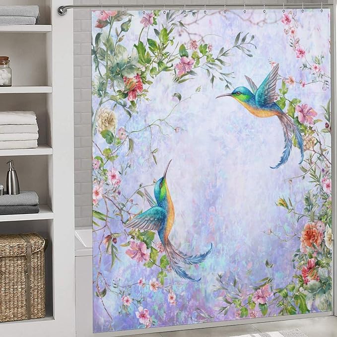 Hummingbird Flower Shower Curtain for Girls,Purple Watercolor Floral Bird Nature Plant Waterproof Shower Curtains for Bathroom Decor 12 Pack Hooks 72x72in (183x183cm)