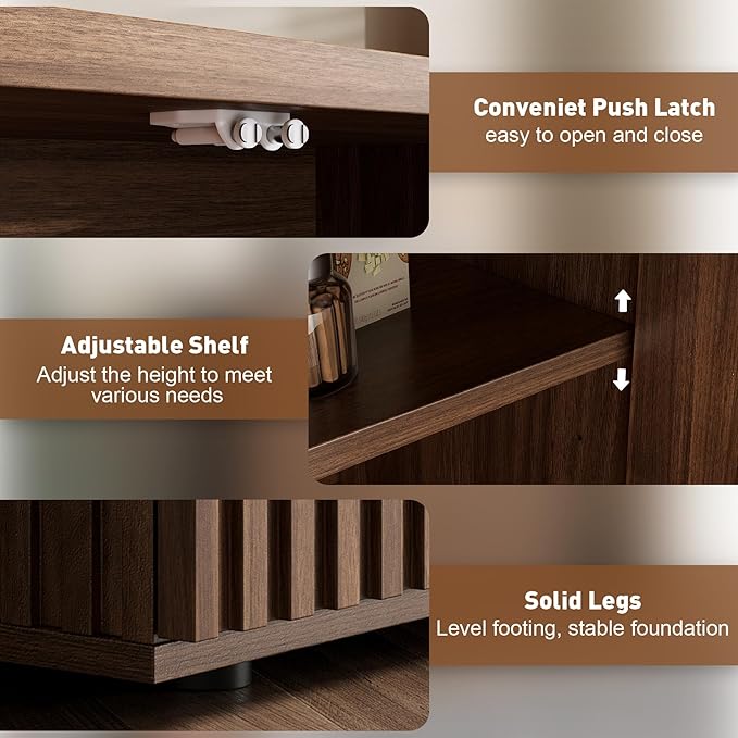 Rophefx Fluted Sideboard Cabinet, 94.5" Buffet Cabinet with Storage, Credenza Storage Cabinets with Adjustable Shelf, Wood Entryway Cabinets with Pop-up Door for Living Room, Entryway, Hallway, Walnut