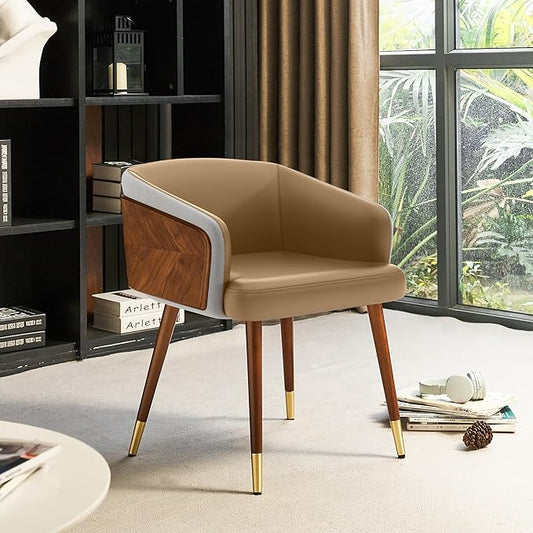 ARTPLAN Modern Upholsted Accent Dining Chairs,Mid-Century Faux Leather with Walnut for Kitchen,Office Waiting Room Arm Sitting Chair, Beech Legs Dissassembly Adjustable Feet,Light Coffee