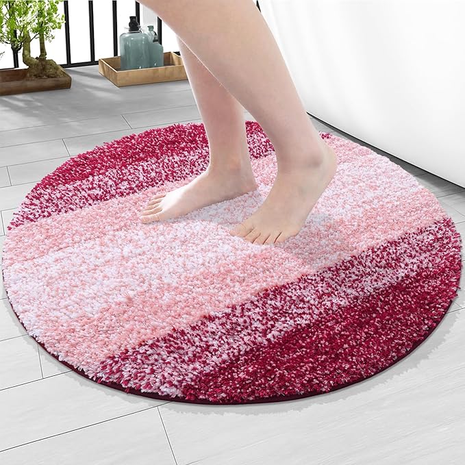 Arotive Microfiber Bathroom Rugs, Shaggy Soft and Absorbent Bath Rug, Non-Slip, Thick Plush Machine Washable Dry Bath Mats for Bathroom, Tub and Shower, 24x24, Burgundy, Round
