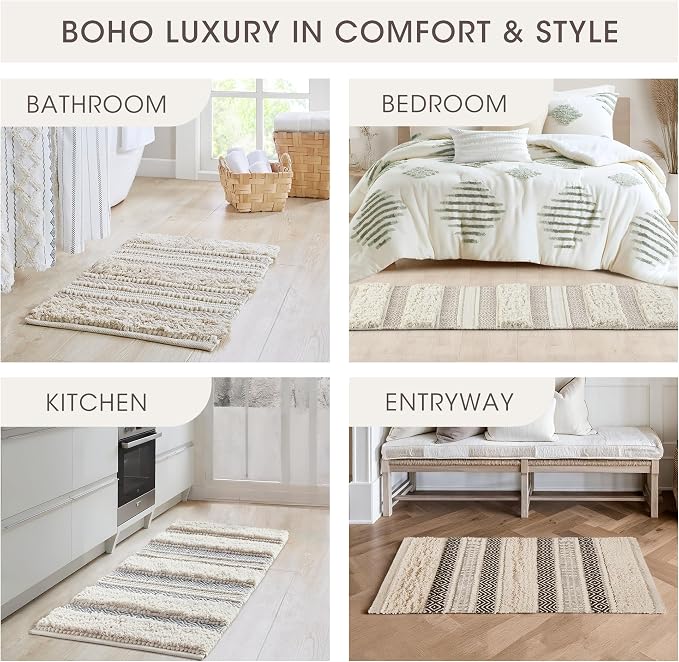 INK+IVY Bath Rug Hand-Woven Texture Shaggy Striped Soft & Water Absorbent, Boho Bathroom Décor Bath-Mats, Non-Slip Absorbent Quick Dry Mats for Tub, Shower Room, Asher, 20x32, Black 1 Piece
