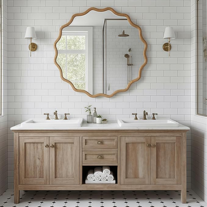 30 Inch Wooden Wavy Round Wall Mirror, Modern Solid Wood Frame Circle Decorative Accent Mirror for Bedroom, Bathroom, Living Room, Entryway, Natural Wood Color