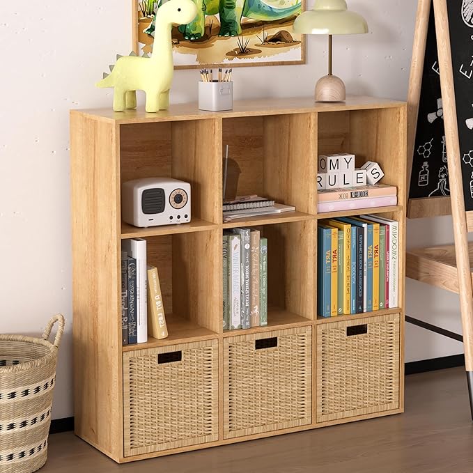 Wooden 9 Cube Storage Organizer with Closed Back Panel,White Cube Shelf Cubby Storage Organizer with Compartments for Living,Bookshelf, Easy to Install (Oak, 9 Cube-11in)