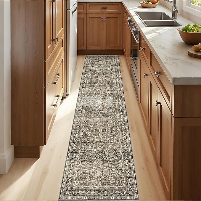 OPPODREAM Vintage Brown 2x12 Runner Rug, 2 x 12 Retro Washable Rug Non Slip, Low-Pile Faux Wool Carpet, Distressed Floor Mat for Kitchen, Hallway, Entry-Way, Entrance, Indoor Back Door