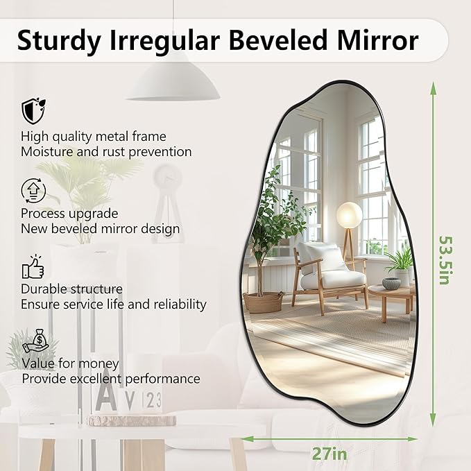 POZINO Large Irregular Beveled Mirror, 53.5"x27" Asymmetrical Vanity Wall Mirror with Metal Frame, Organic Shape Mirrors for Entryway Bathroom Living Room Bedroom, Horizontal/Vertical Hanging