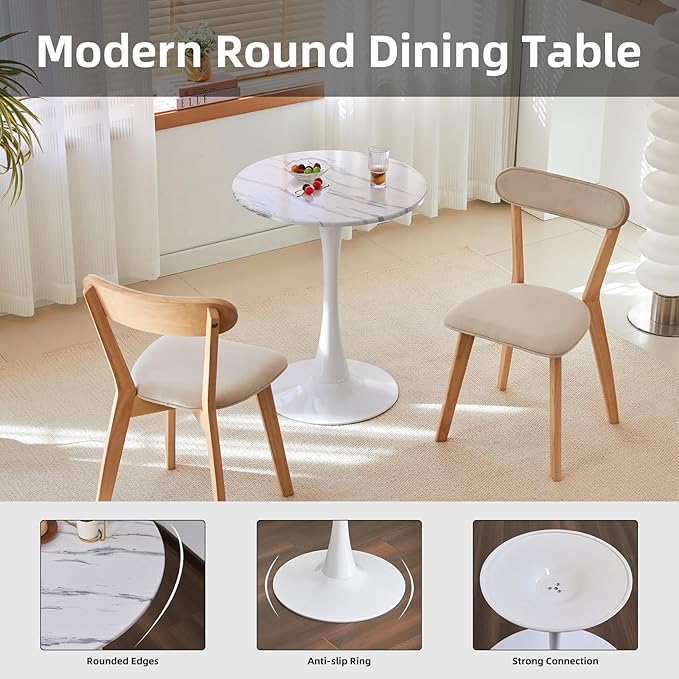 Round Dining Table, 31.5" Circle Tulip Table with Thickened Tabletop & Metal Pedestal, Mid Century Modern Bistro Table for Kitchen, Small Places, Living Room, Cafe (Marble Pattern White)