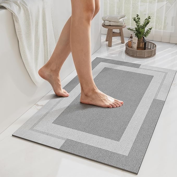 Non Slip Bath Mat, Rubber Backing Ultra Thin Bathroom Rugs Fit Under Door Quick Dry Super Absorbent Washable Bath Rug Shower Mat for Bathroom Floor Bathtub Shower Sink, Easy Care Gray 24"x 35"