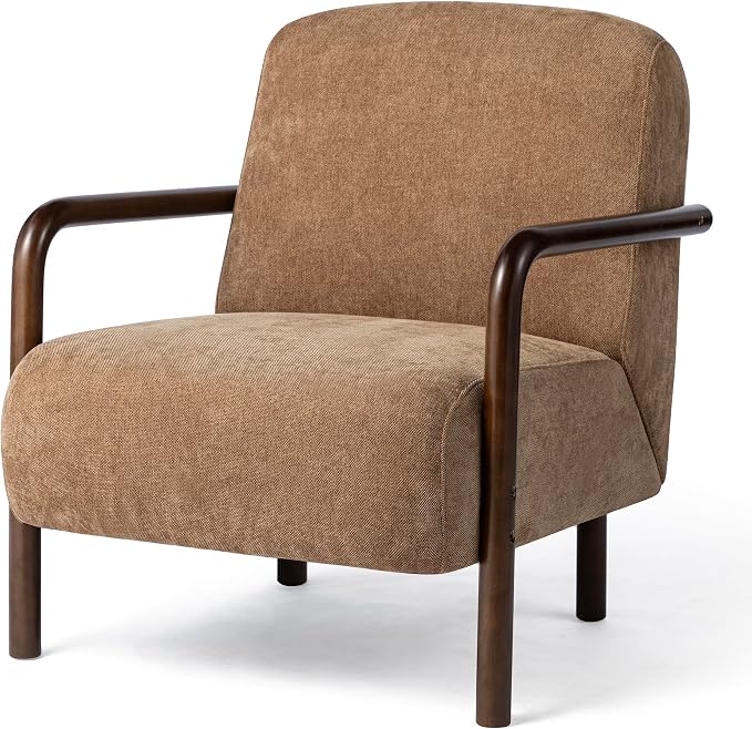 Glitzhome Accent Chair for Living Room, Modern Upholstered Fabric Armchair with Walnut Rubber Wood Frame and Armrests, Camel