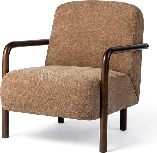 Glitzhome Accent Chair for Living Room, Modern Upholstered Fabric Armchair with Walnut Rubber Wood Frame and Armrests, Camel