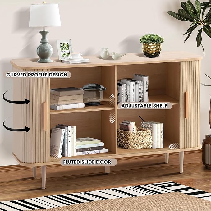 Grepatio 47" Sideboard Buffer Cabinet with Fluted Slide Doors, Tambour Storage Cabinet with Adjustable Shelves, Credenza Console Mid Century Cabinets for Hallway Entryway (Natural)