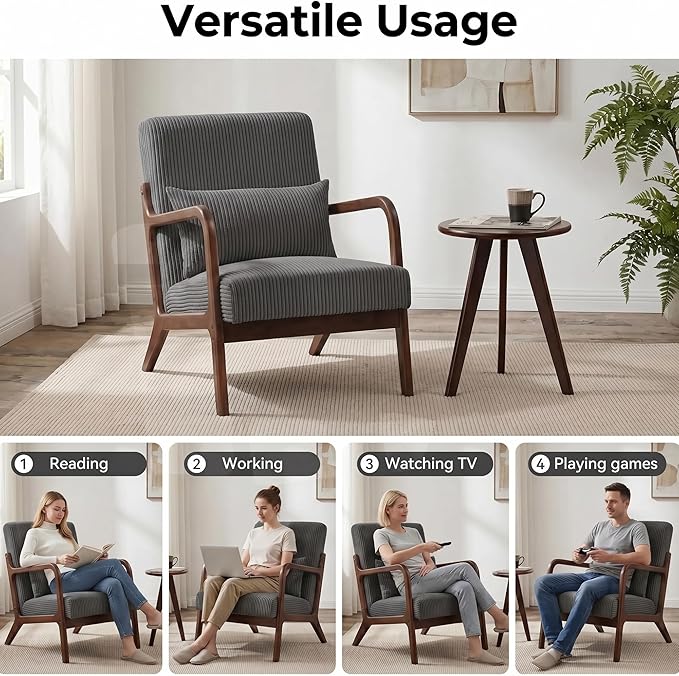 Mid Century Modern Accent Chair with Side Table, Upholstered Corduroy Armchair with Lumbar Pillow, Solid Rubberwood Frame for Living Room, Bedroom, Reading Nook, Dary Grey/Walnut