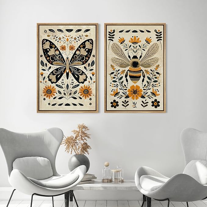 MUDECOR Framed Canvas Print Wall Art Set Butterfly Animals Botanical Bee llustrations Modern Art Decorative Bohemian Calm/Zen for Living Room, Bedroom, Office - 16"x24"x2 Natural