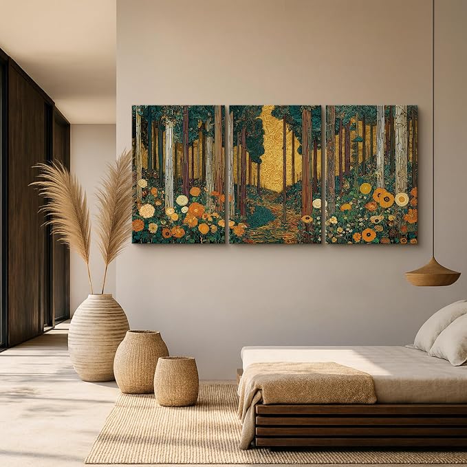 wall26 Canvas Print Wall Art Set Klimt Style Sunlit Forest Vibrant Green and Gold Floral WoodlandDecorative Minimal Relax/Zen for Living Room, Bedroom, Office - 24"x36" x 3