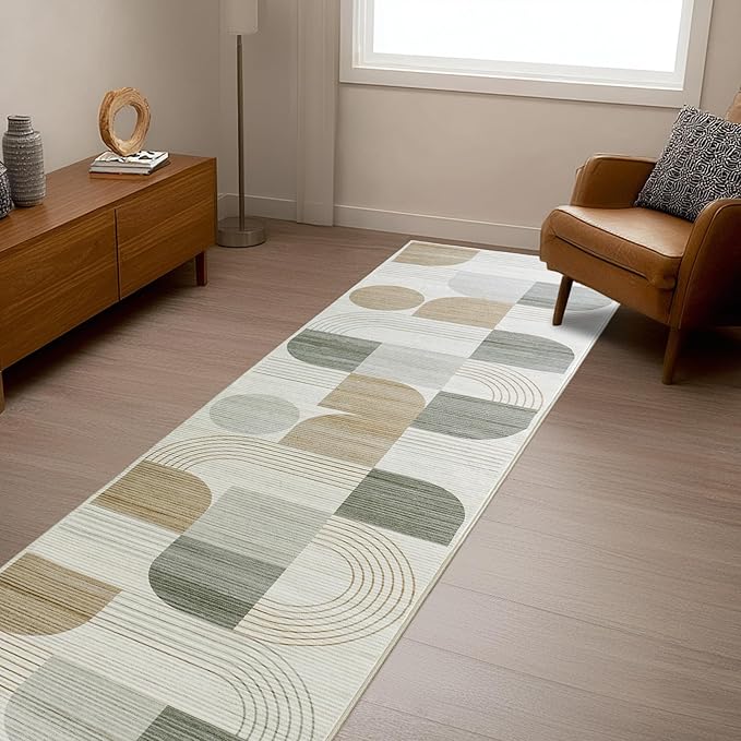 Machine Washable 2.7x8 Runner Rug, Soft Modern Geometric Abstract Beige Rugs for Bedroom Living Room, Non-Shedding Faux Wool Indoor Throw Floor Carpet for Office Entryway Dining Room Decor