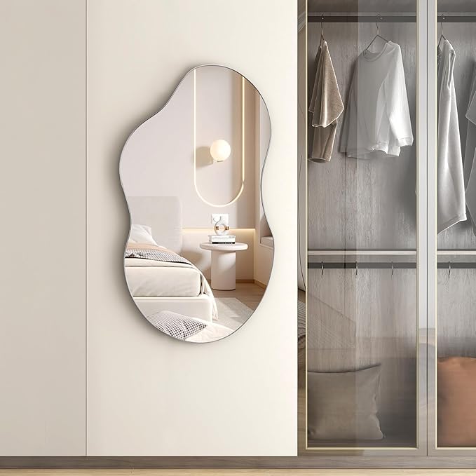 SHYFOY Large Decorative Wall Mirror Irregular, 43"x22" Silver Asymmetrical Mirrors for Wall Decor, Abstract Wavy Mirror Modern for Living Room Bathroom Bedroom Entryway