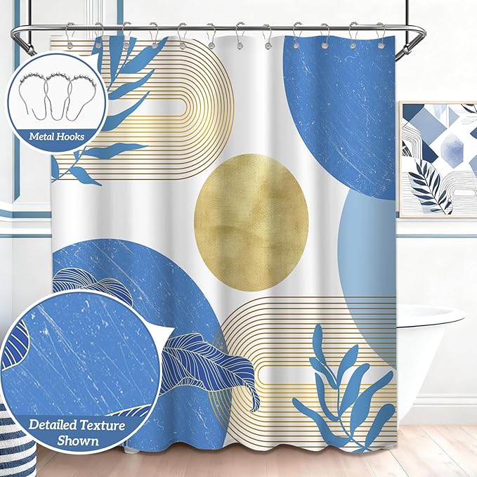 Light Blue and Gold Shower Curtain Boho Blue and White Shower Curtains for Bathroom Decor Mid Century Modern Bath Curtain Set, Waterproof Fabric with Hooks 60 x 72 Inch