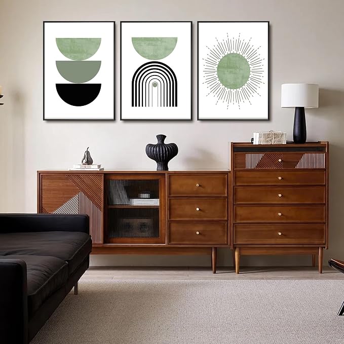 Black Frame Boho Abstract Geometric Wall Art Mid Century Canvas Wall decor Sun and Moon Paintings Prints Green Minimalist Art for Living Room Bedroom Office Decor (16 x 24 in Black Alloy Framed)
