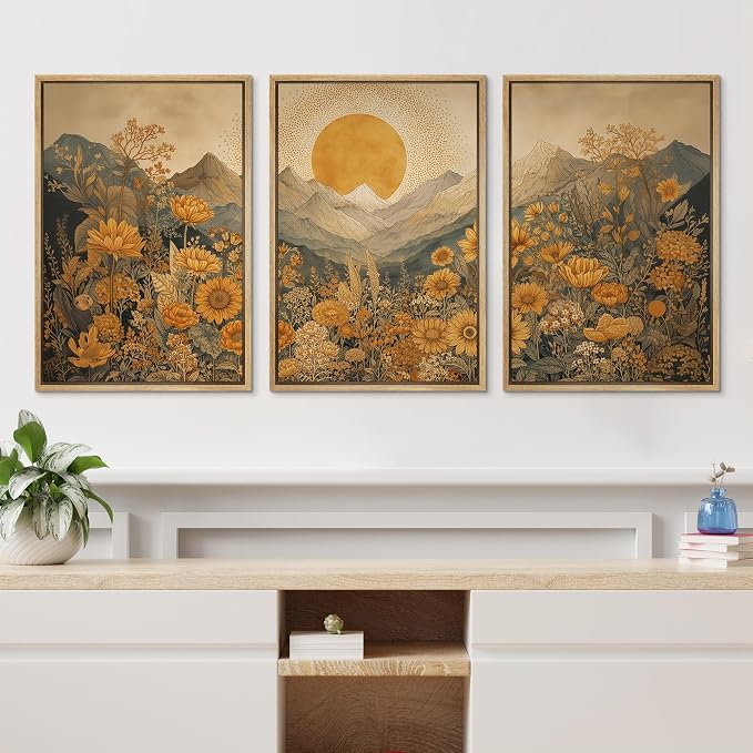 wall26 Framed Print Wall Art Set Boho Sunflower Mountain Vintage Yellow Floral and LandscapeDecorative Minimal Relax/Zen for Living Room, Bedroom, Office - 16"x24"x3 NATURAL
