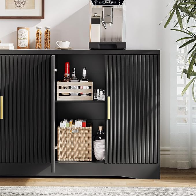55" Modern Sideboard Buffet Cabinet with Storage, 4 Door Fluted Credenza Table Media Console Cabinet Entryway Cabinets for Living Room Kitchen, Black