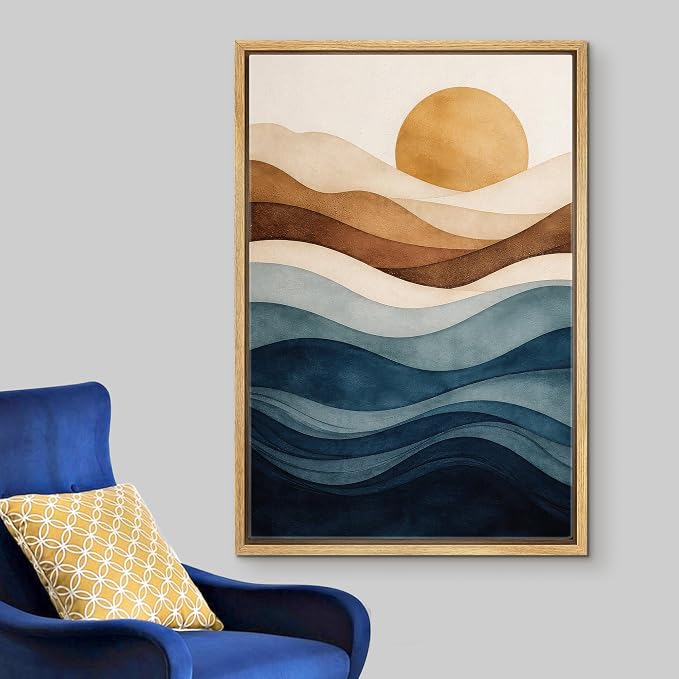 Woodrose Framed Canvas Print Wall Art Abstract Layered Landscape Sun and Waves Illustrations Modern Art Minimalist 3D Colorful Ultra for Living Room, Bedroom, Office - 24"x36" NATURAL