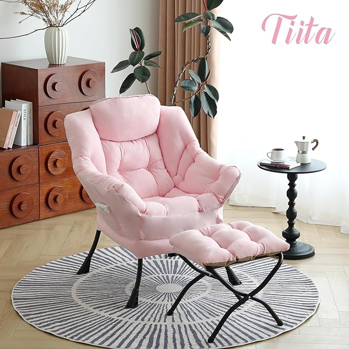 Tiita Lazy Chair with Ottoman, Pink Modern Large Accent Chair, Comfy Leisure Sofa Armchair with Ottoman, Reading Chair with Footrest for Bedroom, Living Room, Dorm Rooms, Pink