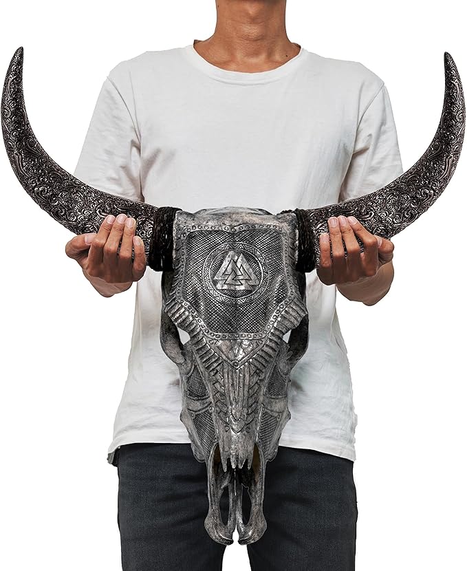 Skull Bliss - Hand-Carved Real Authentic Taxidermy Cow Skull/Bull Skull Wall Decor with Horns/Norse Viking Gift for Men/Real Animal Cow Skull Wall Decor (Standard Horns)