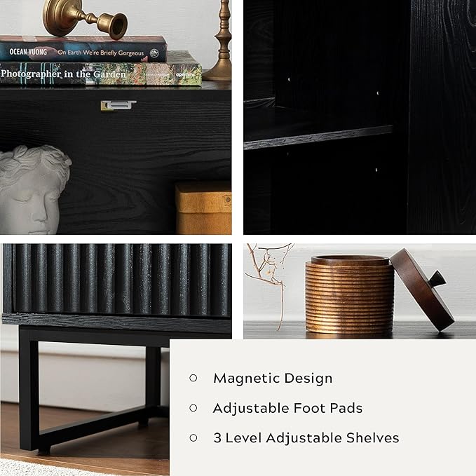Fluted Storage Cabinet with 4 Doors, 55" Large Sideboard Buffet Cabinet with Adjustable Shelves Kitchen Wooden Credenza Coffee Bar Console Table for Dining Room Living Room, Black