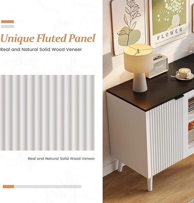 JASIWAY Buffet Cabinet with Storage 55" Fluted Sideboard with Glass Door Modern Coffee Bar Table Accent Credenza Cabinet for Dining Room, Kitchen, Living Room, Hallway, White and Black