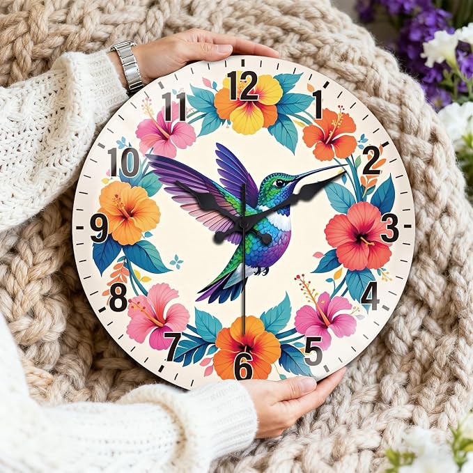 peacoblue Wall Clocks Battery Operated 12 Inch Hummingbird and Flowers Glass Round Wall Clock Non Ticking for Kitchen Living Room Dining Room Bedroom and Bathroom Decor (Battery not Included)